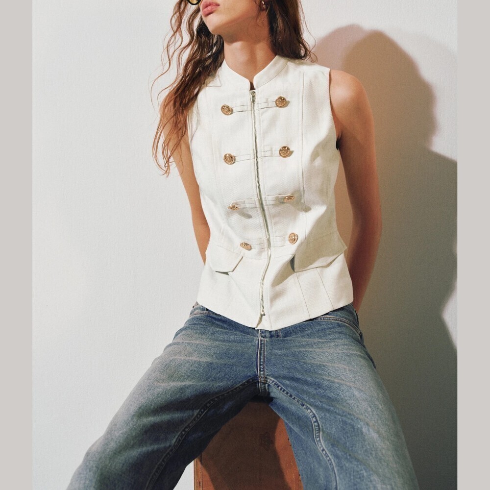White Military Style Gold Button Zip Front Stand Collar Vest
